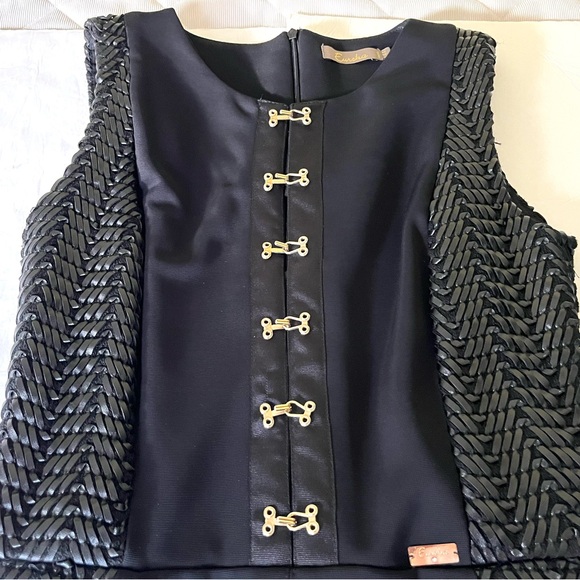 Euroka black pencil dress gold metal hook & eye front braided leather accent US4 - Picture 12 of 16